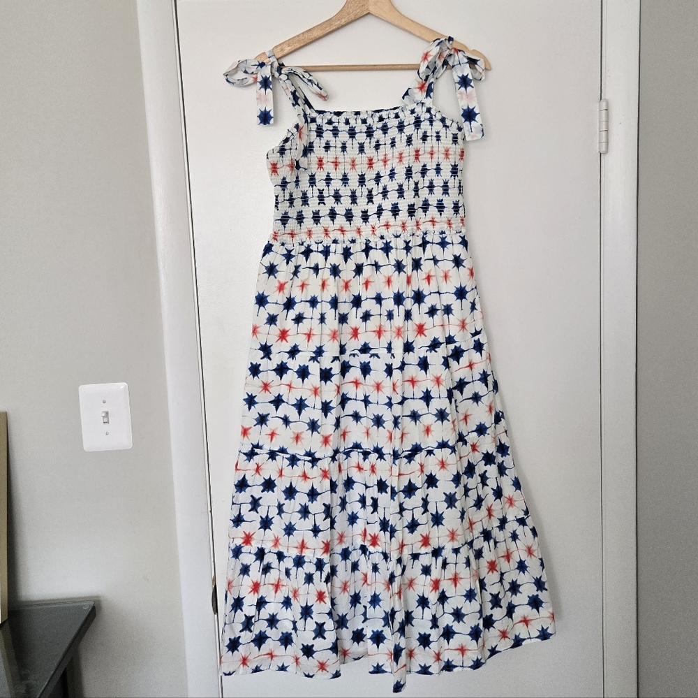 J. Crew 100% Cotton Shibori Smocked Midi Dress Red White And Blue Size S - Picture 2 of 5